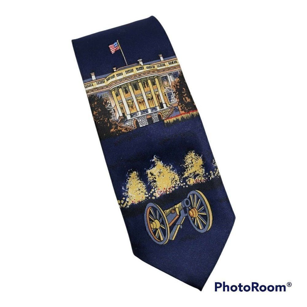 Studio 2000 Mens Tie The White House‎ Flag Patriotic Cannon Blue 59 1/2" Necktie